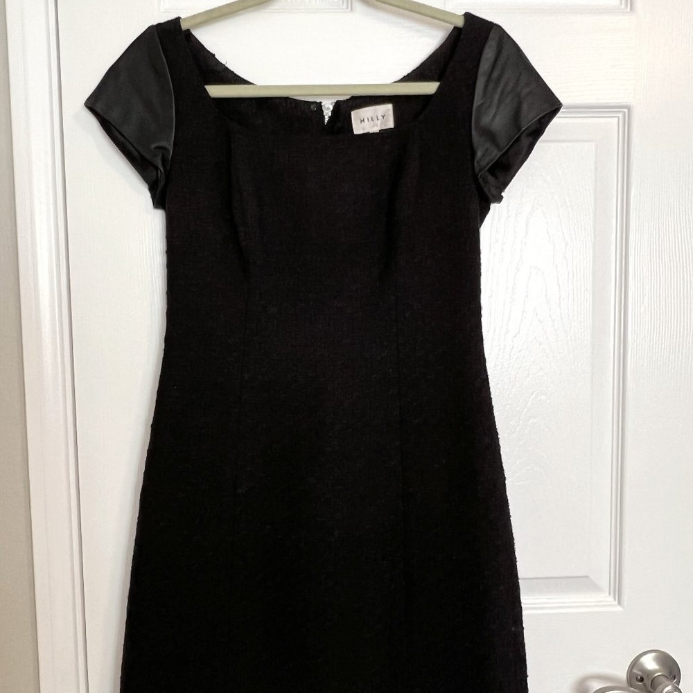 MILLY Leather Sleeved Boucle Knit Short Sleeve Dress - Size 0